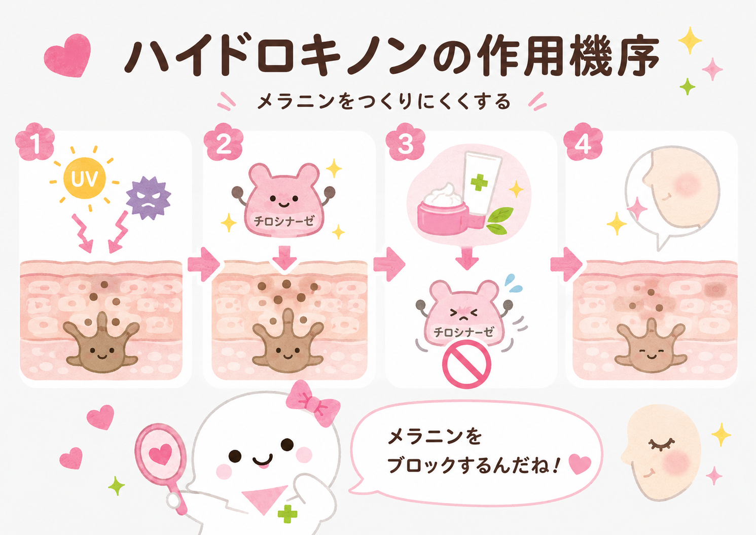 ハイドロキノンの作用機序。メラニンを作る酵素チロシナーゼをブロックする